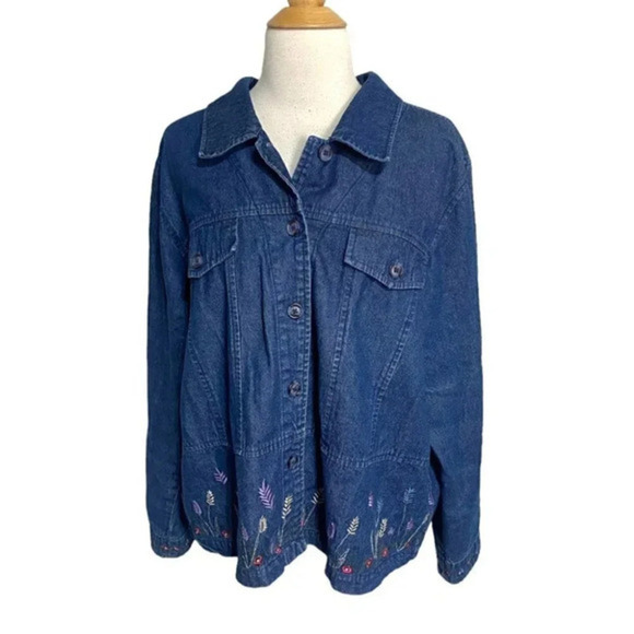 Denim & Co.‎ 1X grannycore jean jacket with embroidered multicolor flowers - Picture 1 of 7